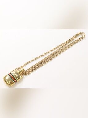 Vintage Gucci Gold-Tone Perfume Bottle Necklace with Green and Red Stripes